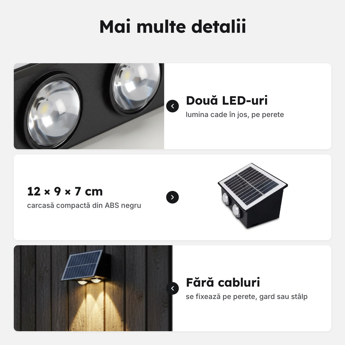 Aplică solară LED neagră, senzor zi-noapte – Mai multe detalii
