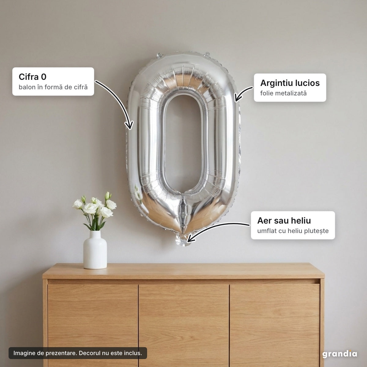 Balon folie argintie, cifra 0 – elemente principale