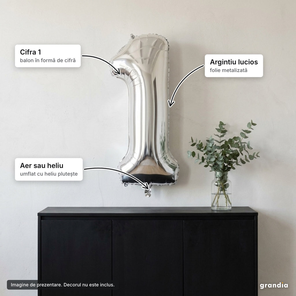 Balon folie argintie, cifra 1 – elemente principale