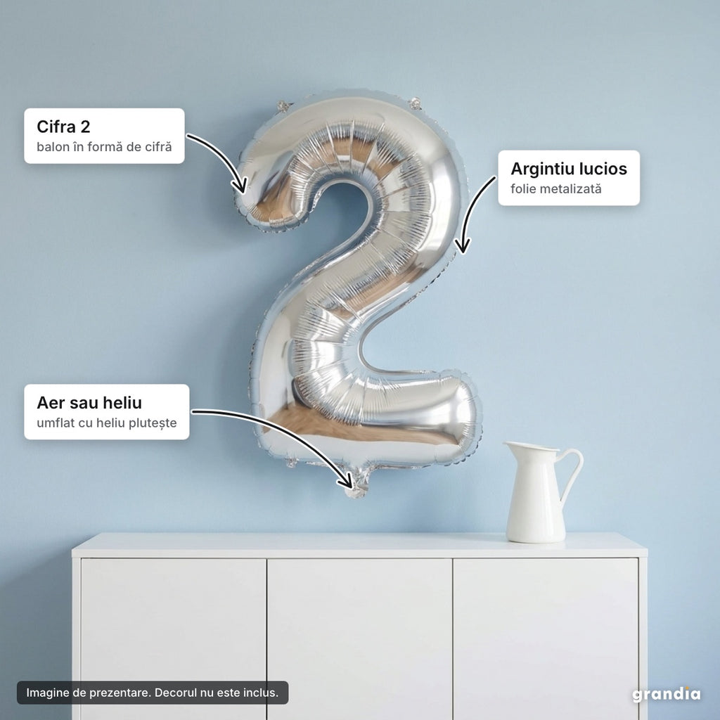 Balon folie argintie, cifra 2 – elemente principale