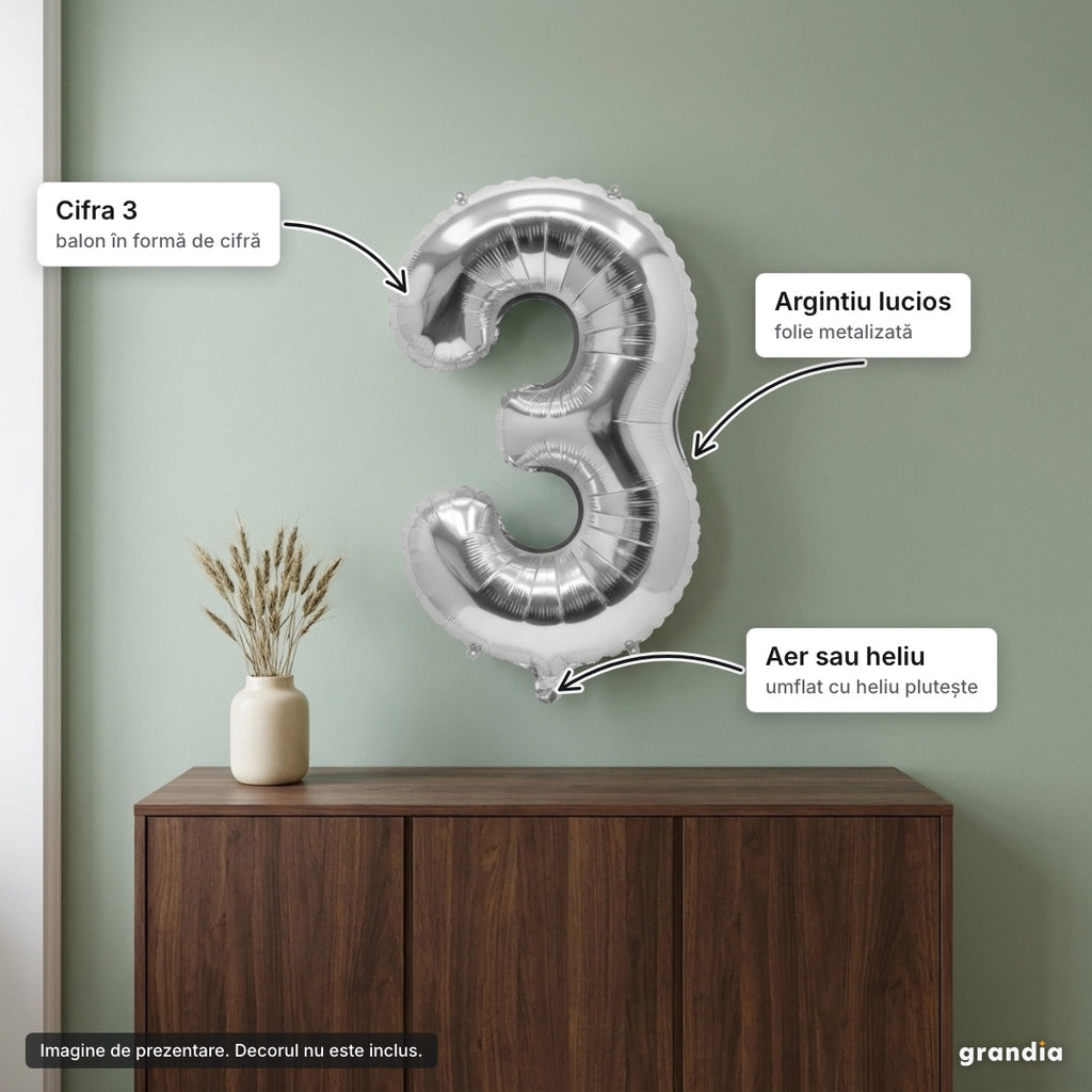 Balon folie argintie, cifra 3 – elemente principale