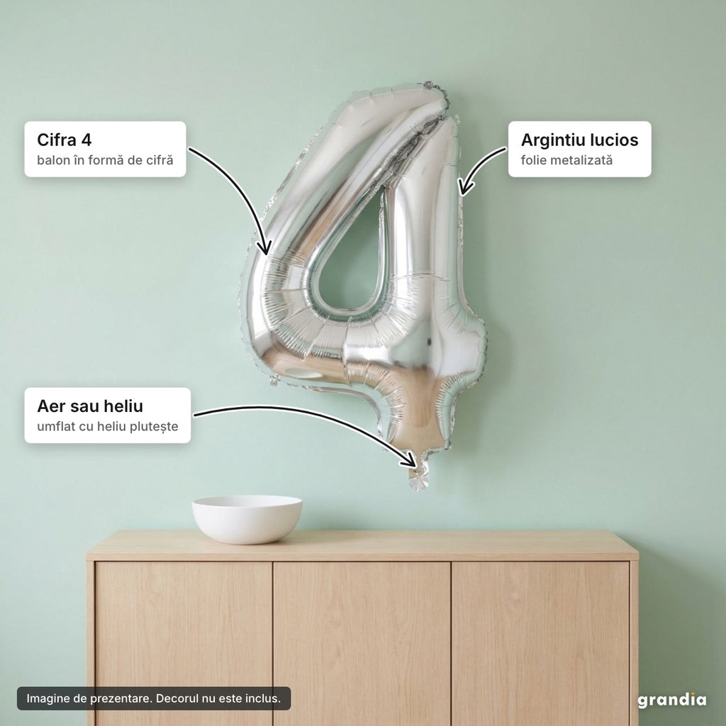 Balon folie argintie, cifra 4 – elemente principale