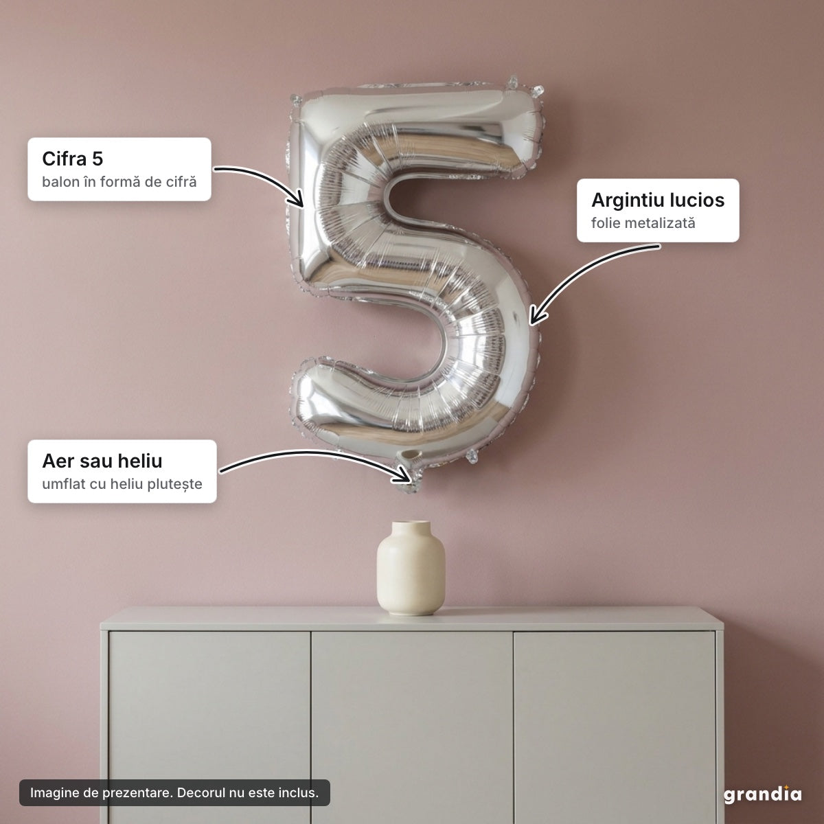 Balon folie argintie, cifra 5 – elemente principale