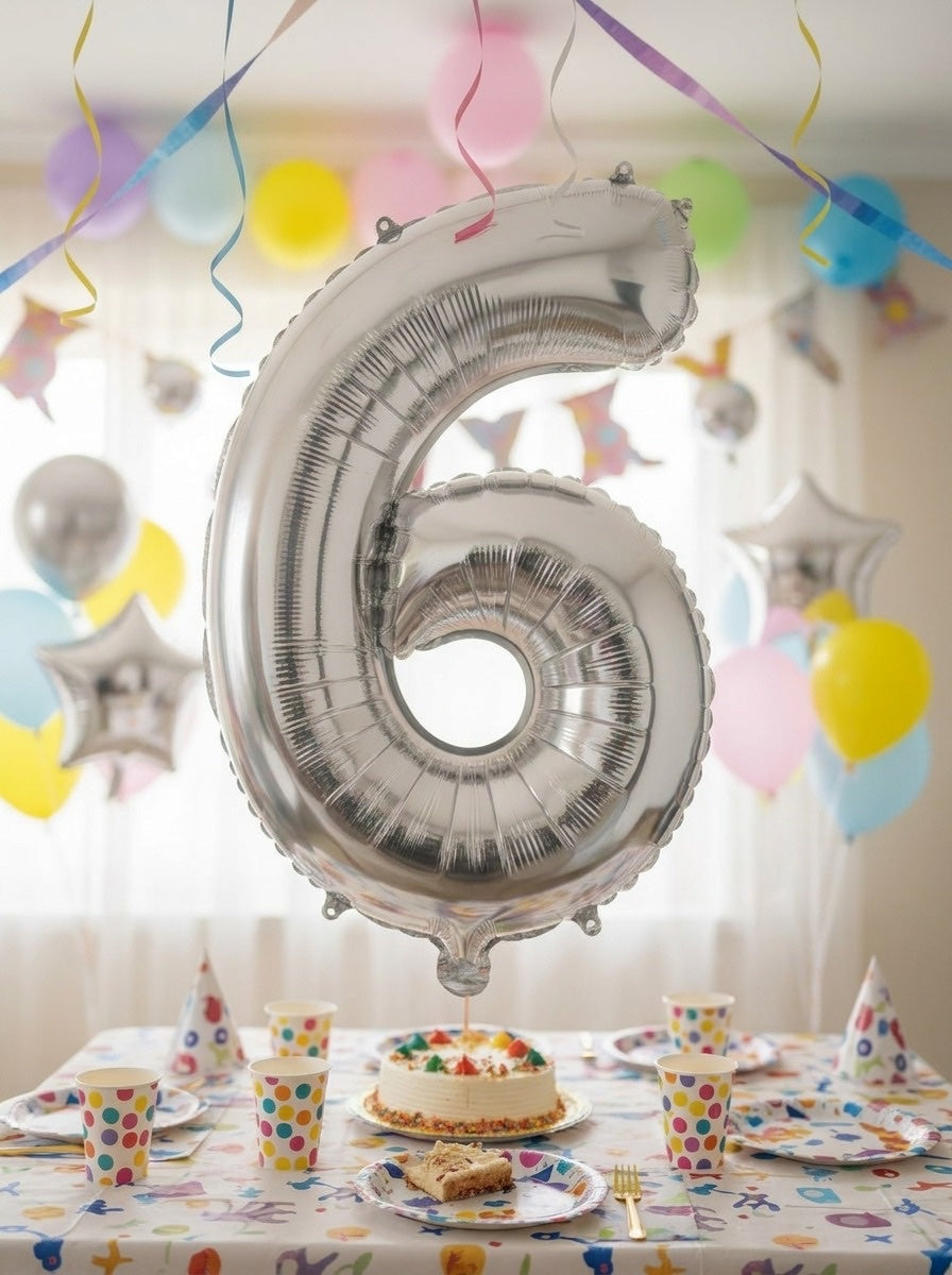 Balon din folie argintie, cifra aniversara 6, 85 cm 3