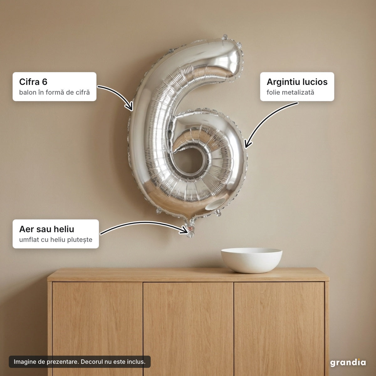 Balon folie argintie, cifra 6 – elemente principale