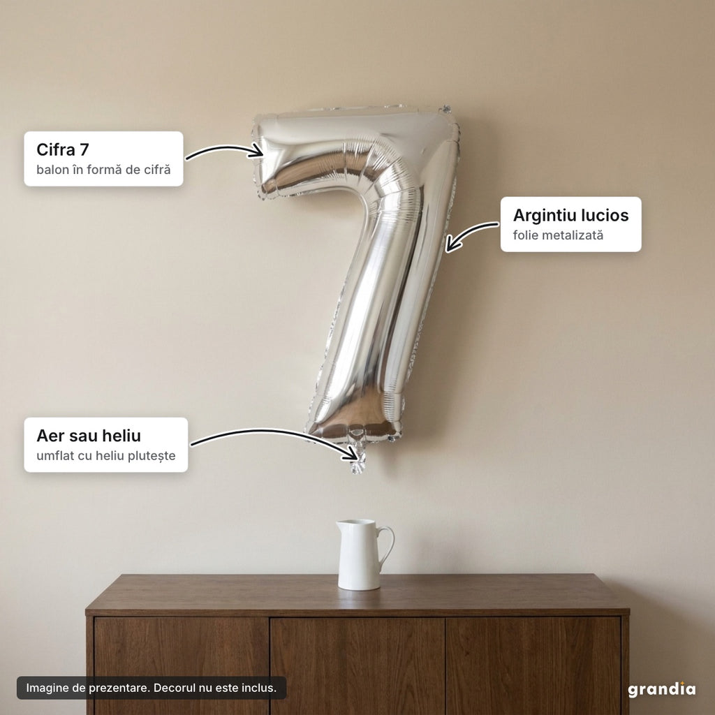 Balon folie argintie, cifra 7 – elemente principale