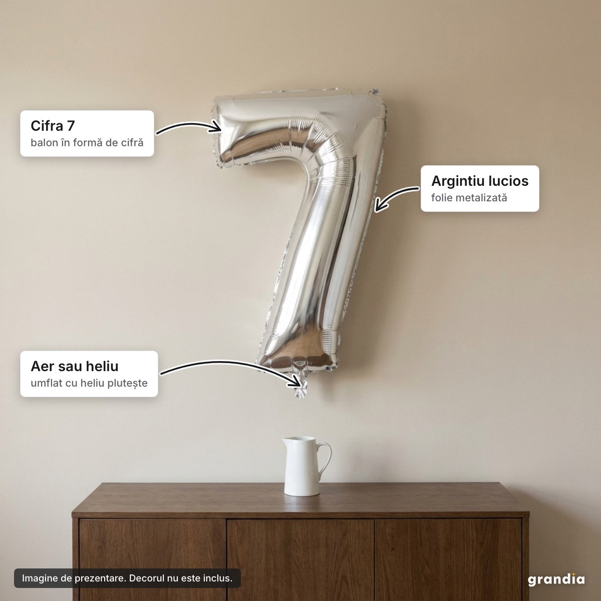Balon folie argintie, cifra 7 – elemente principale