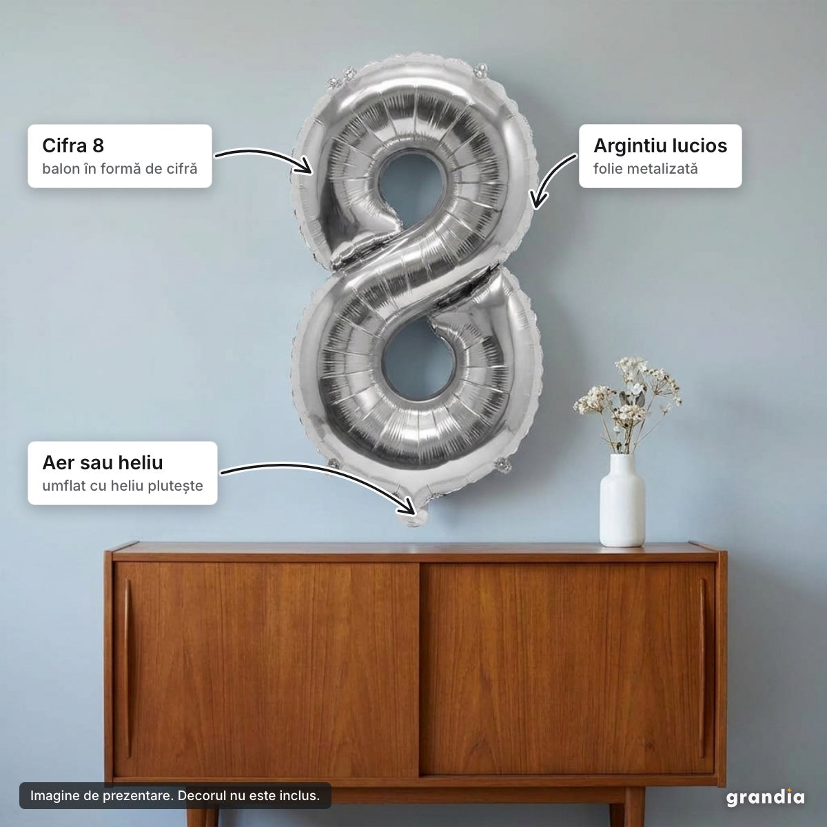 Balon folie argintie, cifra 8 – elemente principale