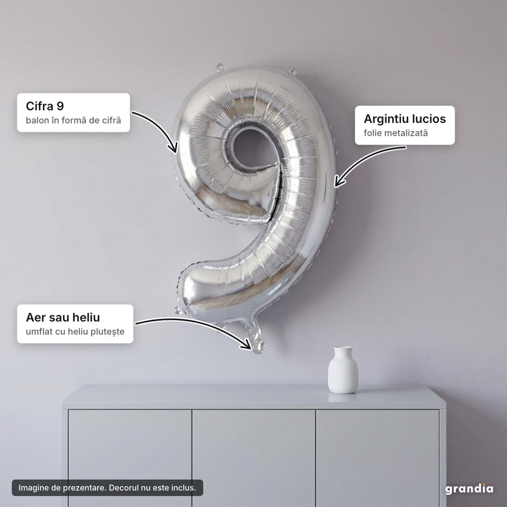 Balon folie argintie, cifra 9 – elemente principale