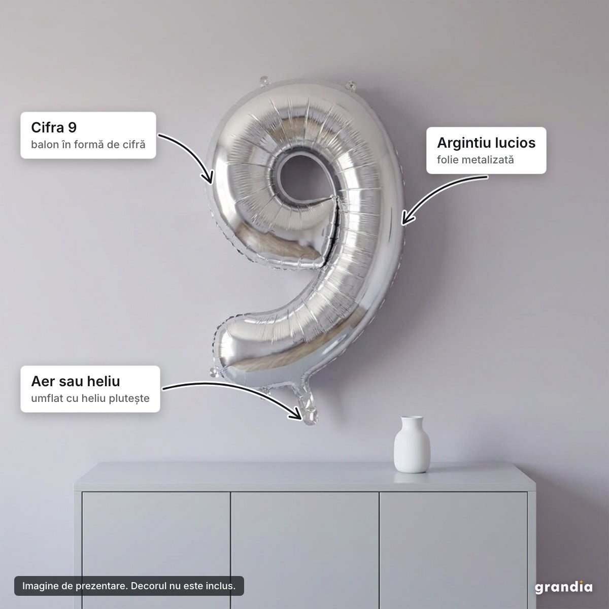 Balon folie argintie, cifra 9 – elemente principale