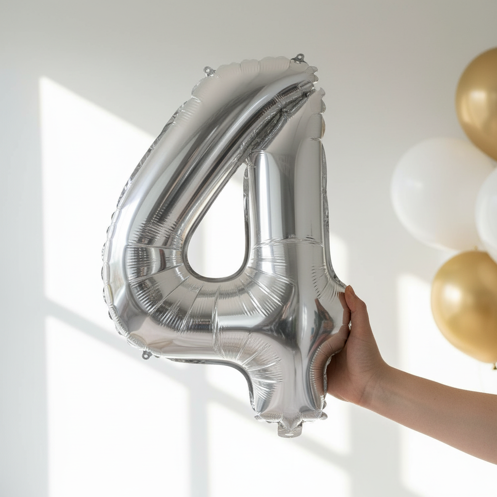Balon din folie argintie, cifra aniversara 4, 80 cm 3
