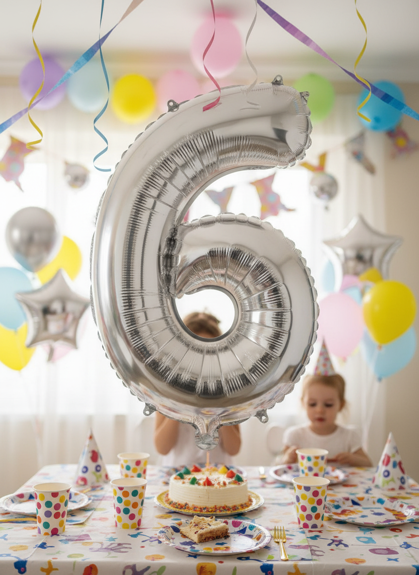 Balon din folie argintie, cifra aniversara 6, 85 cm 3