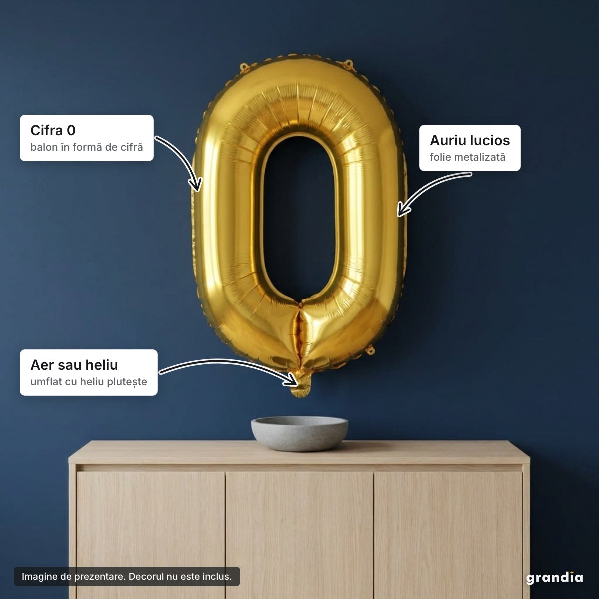 Balon folie aurie, cifra 0 – elemente principale