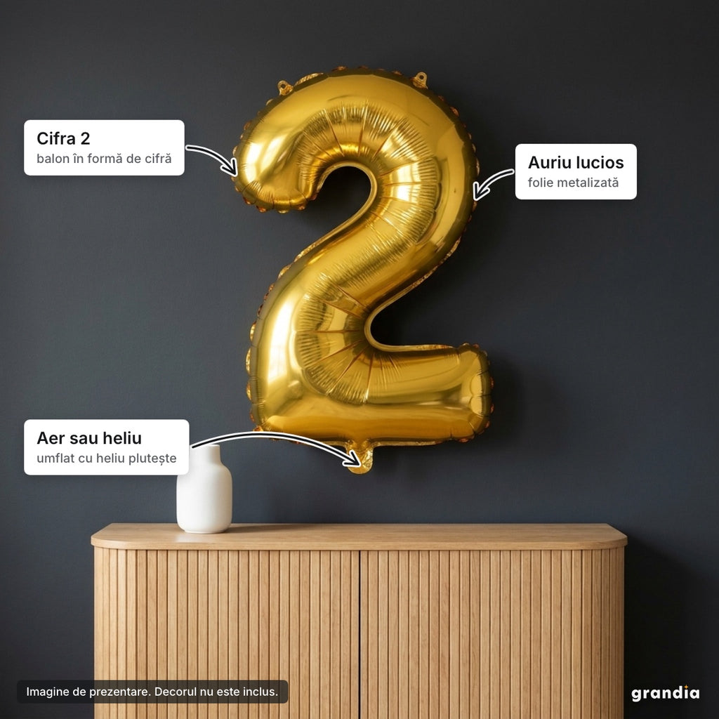 Balon folie aurie, cifra 2 – elemente principale