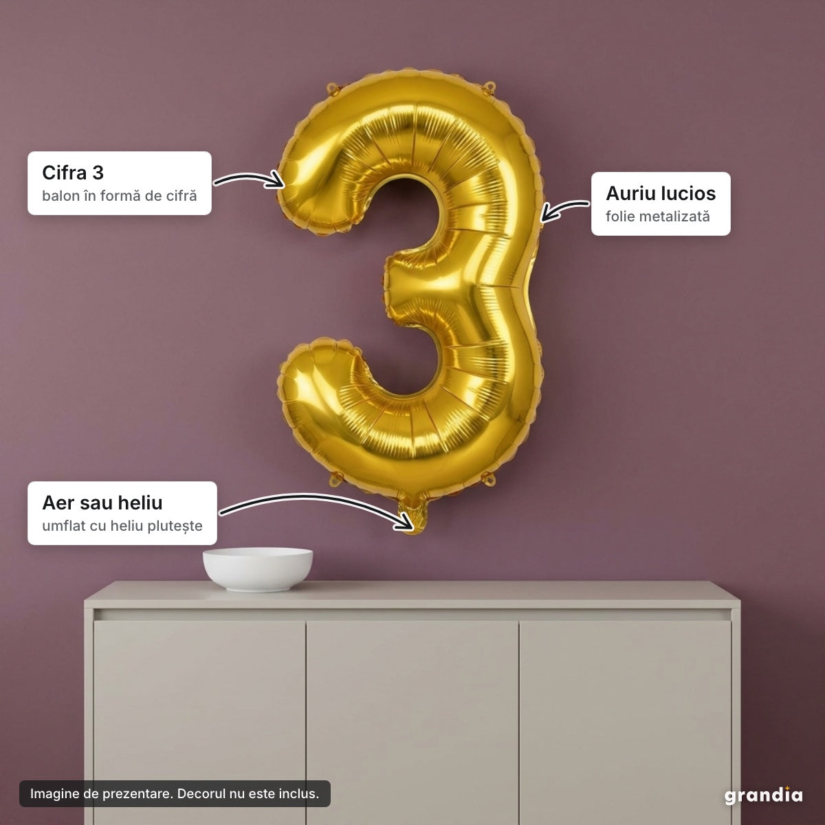 Balon folie aurie, cifra 3 – elemente principale