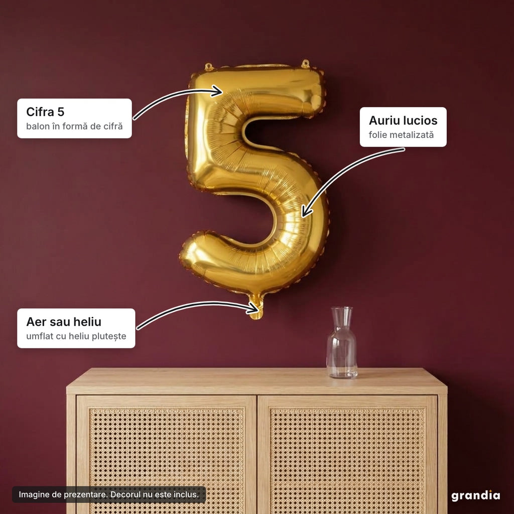 Balon folie aurie, cifra 5 – elemente principale