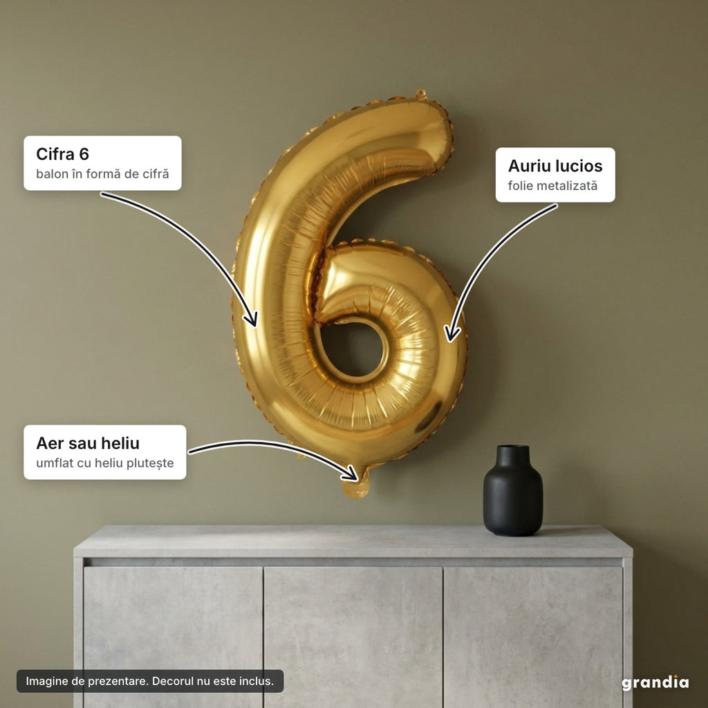 Balon folie aurie, cifra 6 – elemente principale