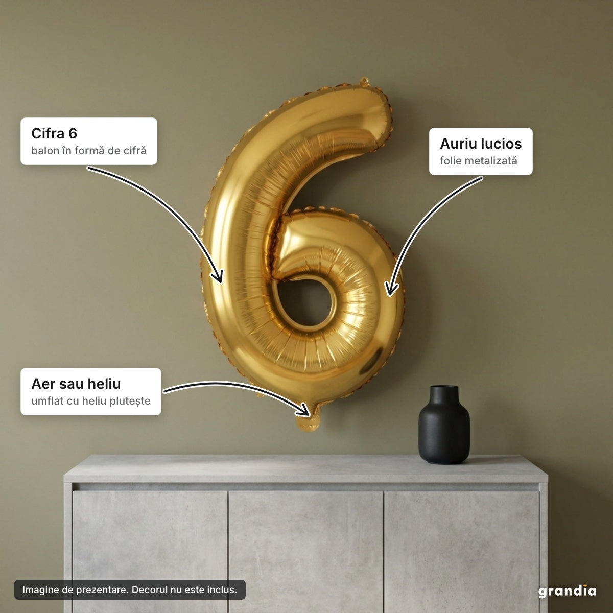 Balon folie aurie, cifra 6 – elemente principale
