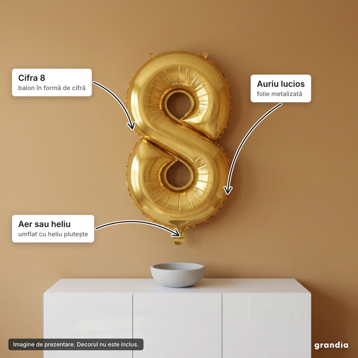 Balon folie aurie, cifra 8 – elemente principale