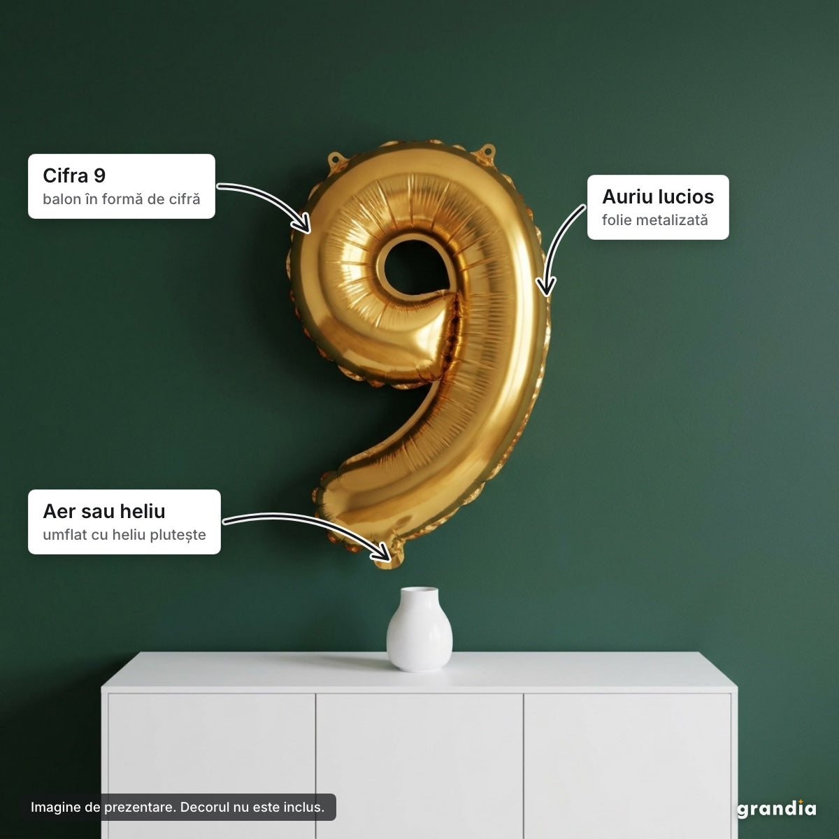 Balon folie aurie, cifra 9 – elemente principale