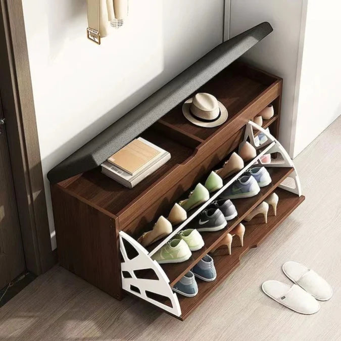 Pantofar banchetă cu șezut tapițat și 3 rafturi, 100 × 34 cm, maro