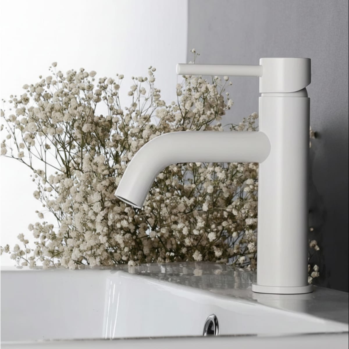 Baterie Lavoar Alb Lucios White Low, Montaj pe Lavoar, Design Modern Compact 3