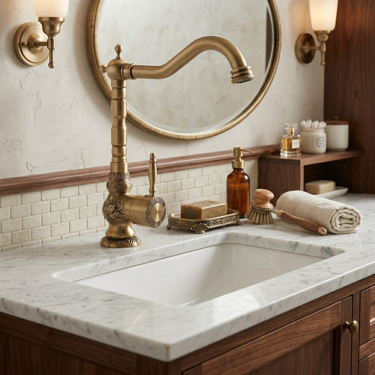 Baterie lavoar Venice, bronz antic, cap ceramic durabil, design clasic 3