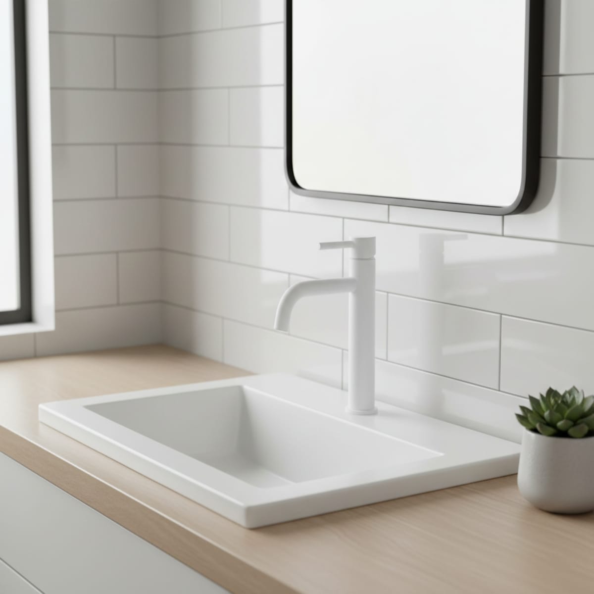 Baterie Lavoar White High Alb Lucios, Montaj pe Blat, Design Minimalist 3