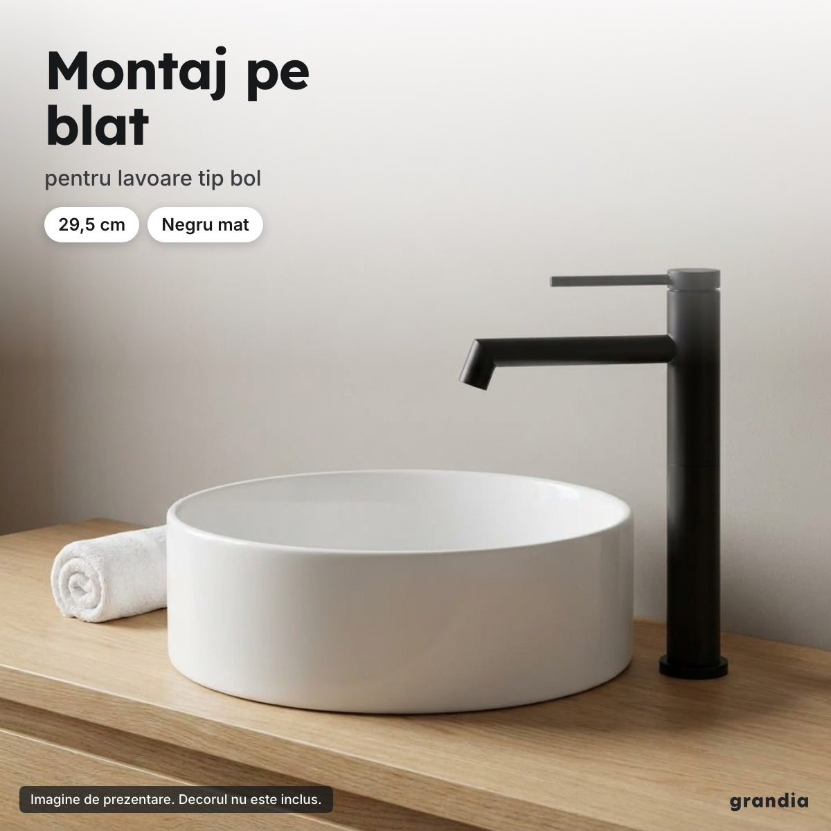 Baterie lavoar înaltă, negru mat – Montaj pe blat