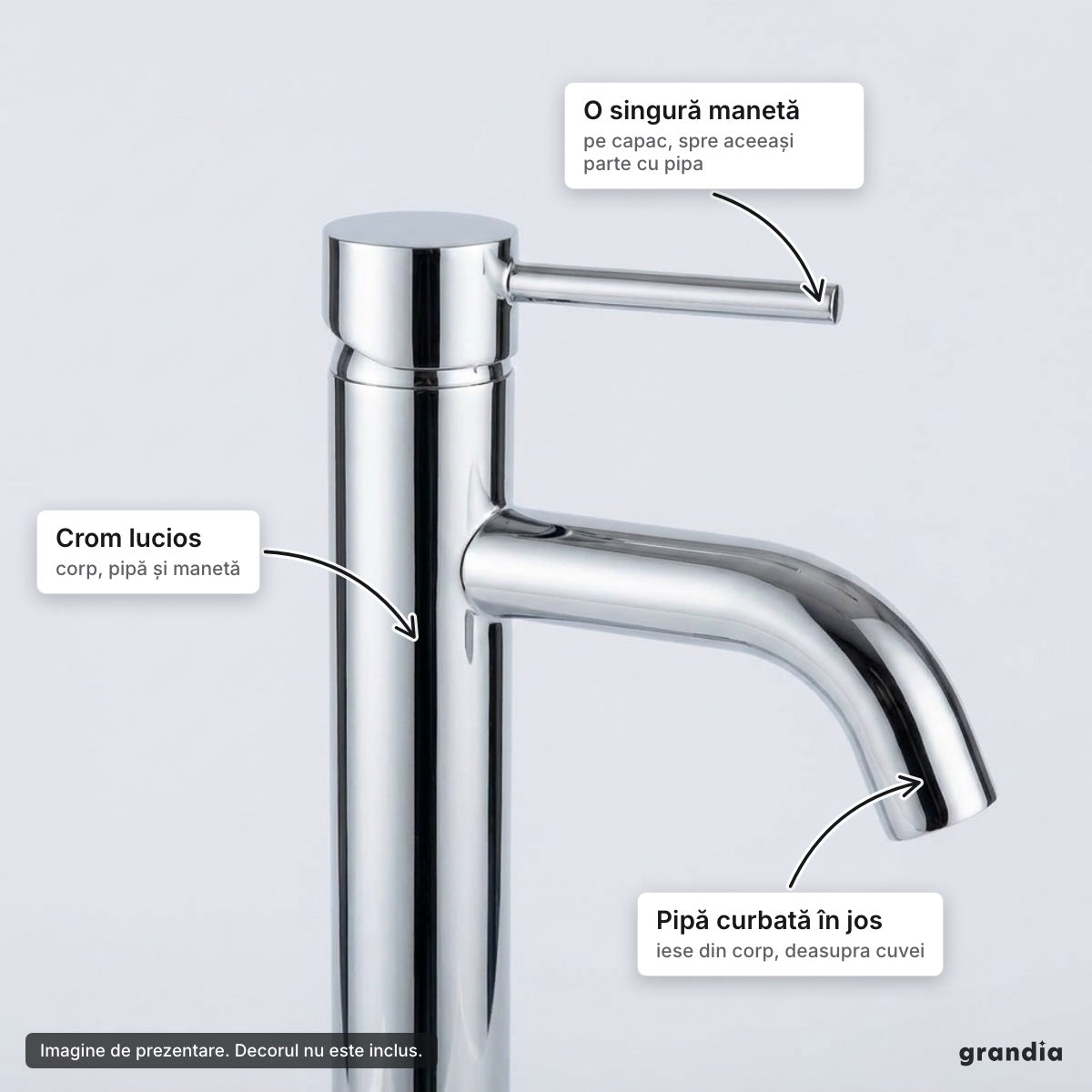 Baterie înaltă pentru lavoar, crom lucios, 28 cm – elemente principale