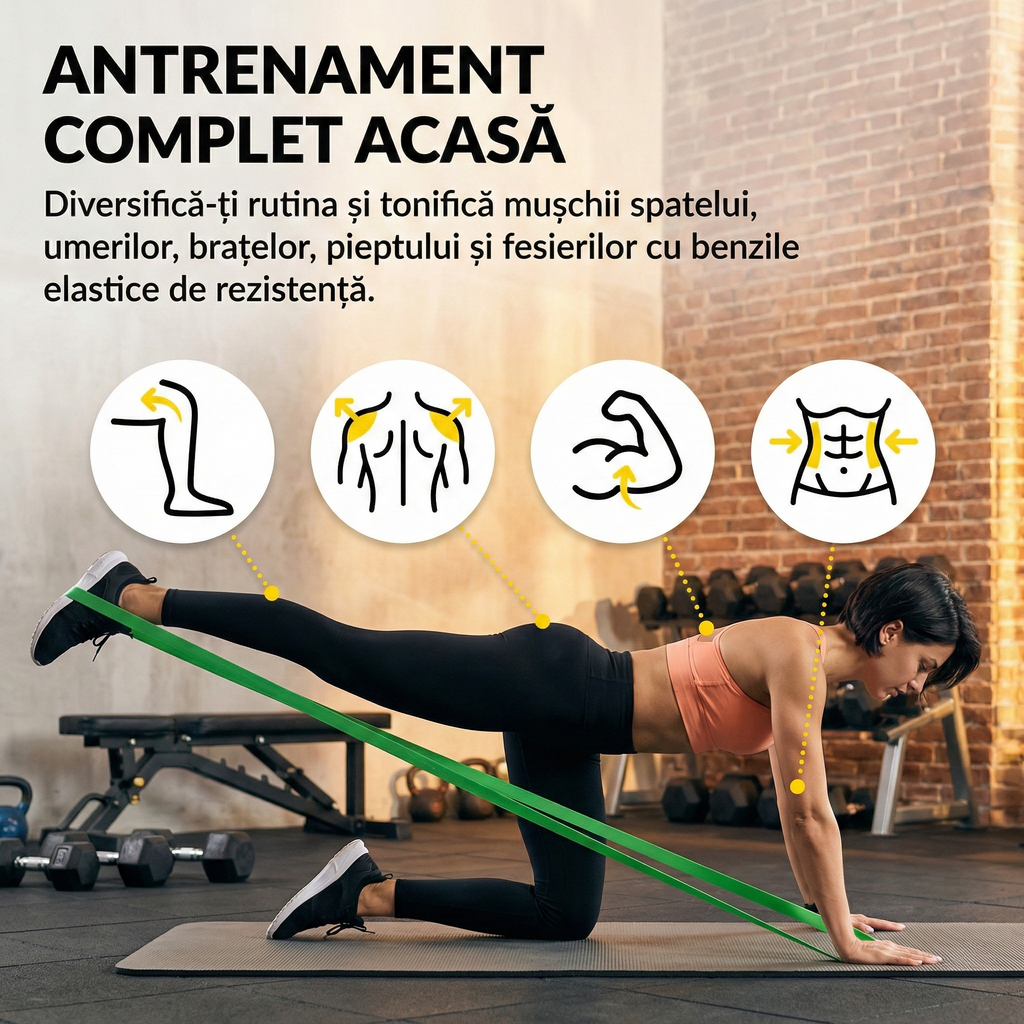 Set 5 Benzi de Rezistenta Power Band, Lungi, 5 Niveluri de Intensitate, pentru Antrenament Complet si Stretching