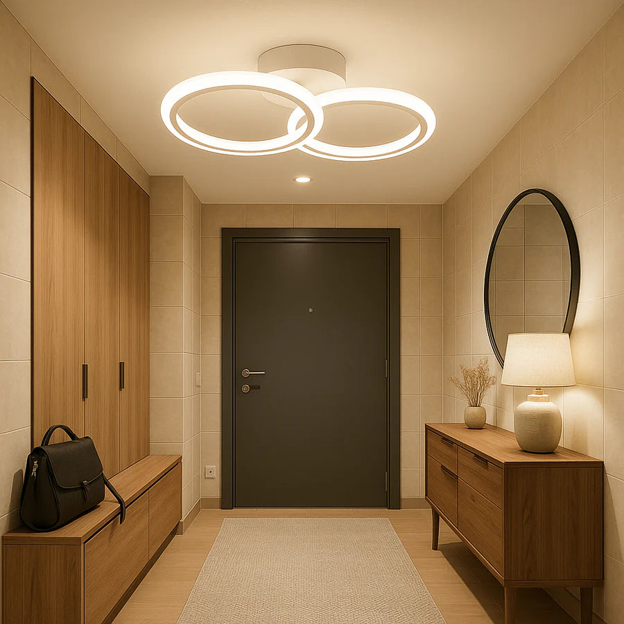 Lustra LED tavan 1+1 cercuri alba, cu telecomanda, echivalent 300W, lustra rotunda pentru dormitor