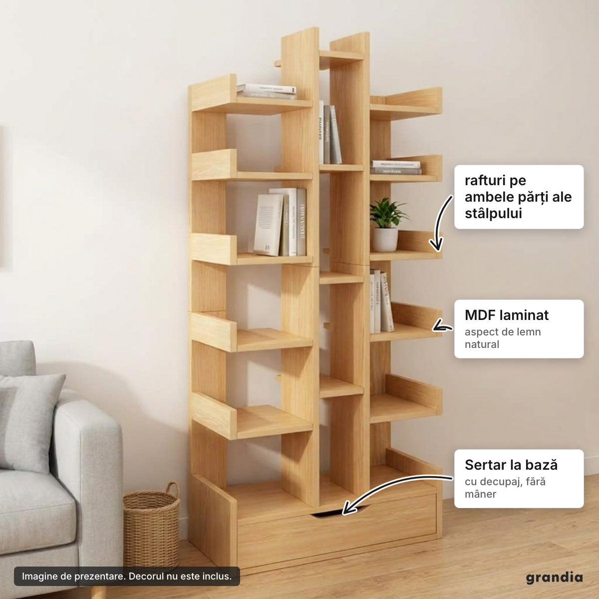 Bibliotecă copac cu sertar – elemente principale