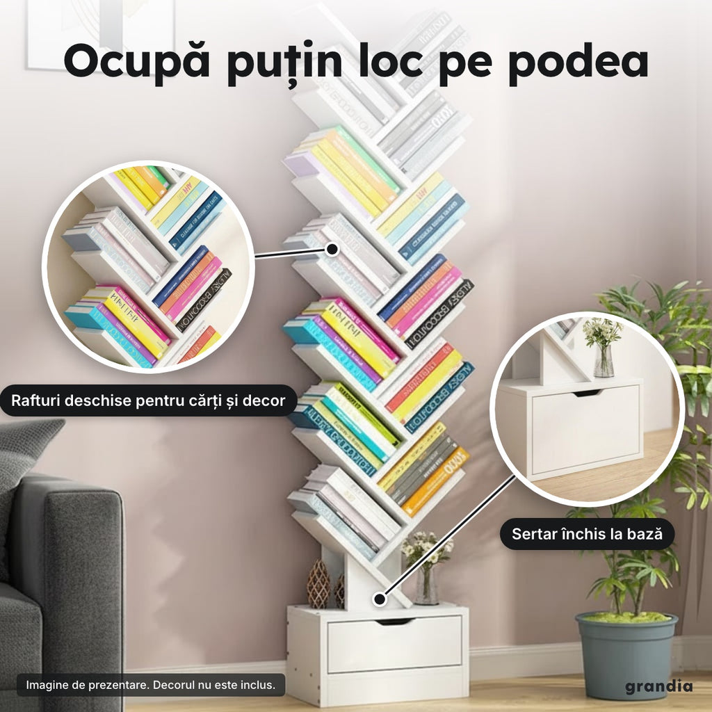 Bibliotecă copac cu sertar – Ocupă puțin loc pe podea
