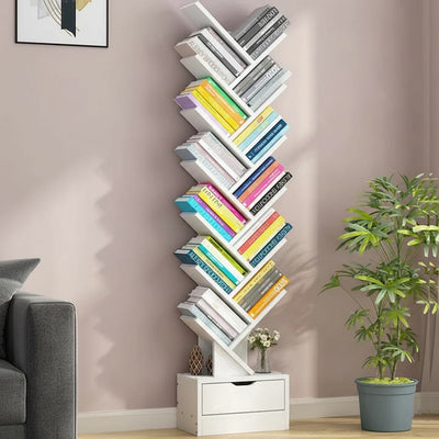 Biblioteca verticala in forma de copac cu sertare, rafturi modulare, organizator, 158x34 cm / Alb 1
