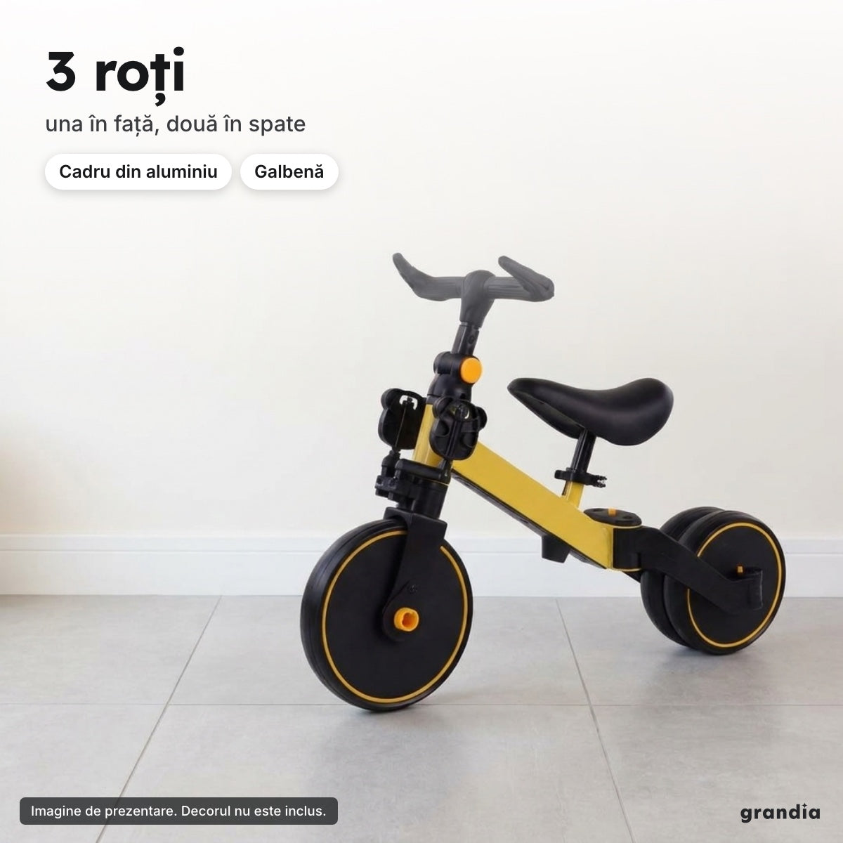 Bicicletă cu 3 roți pentru copii, galbenă – 3 roți