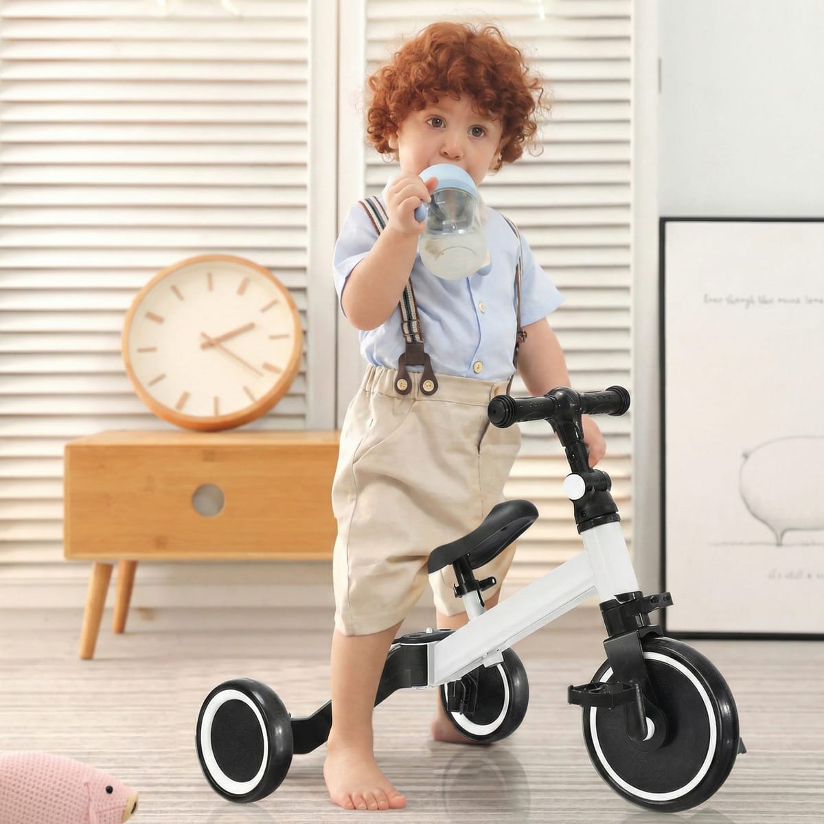 Bicicleta 2 in 1 pentru copii, cu 3 roti, cadru din aluminiu si manere din cauciuc, alba 3