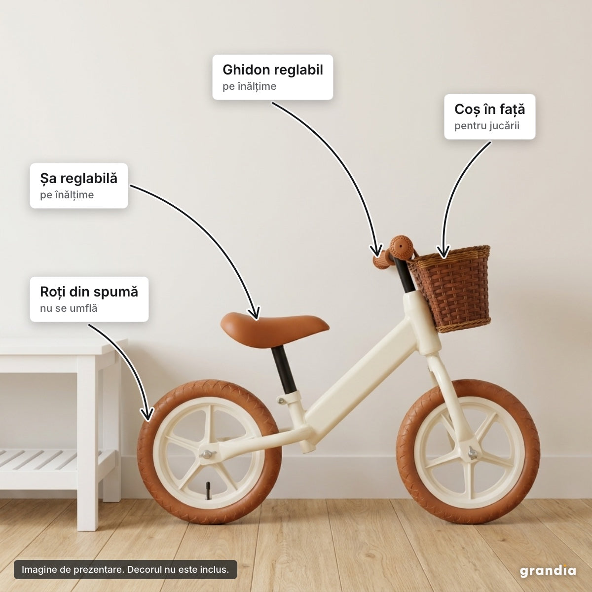 Bicicletă de echilibru cu coș – elemente principale