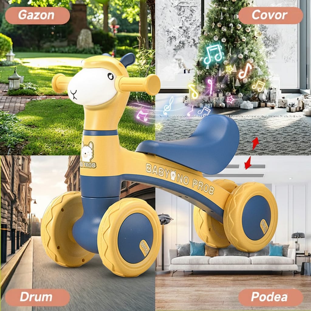 Bicicletă fără pedale copii, 4 roți, lumini și muzică, echilibru albastru-galben - Imagine 4