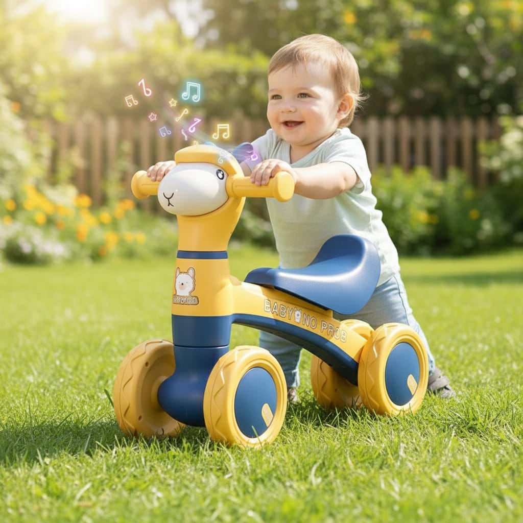 Bicicletă fără pedale copii, 4 roți, lumini și muzică, echilibru albastru-galben - Imagine 6