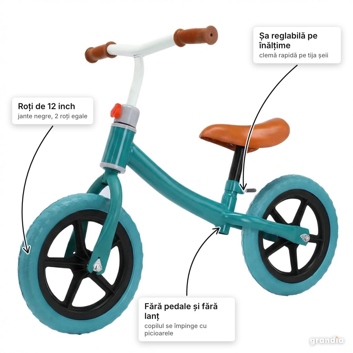 Bicicletă de echilibru 12", verde-turcoaz – elemente principale