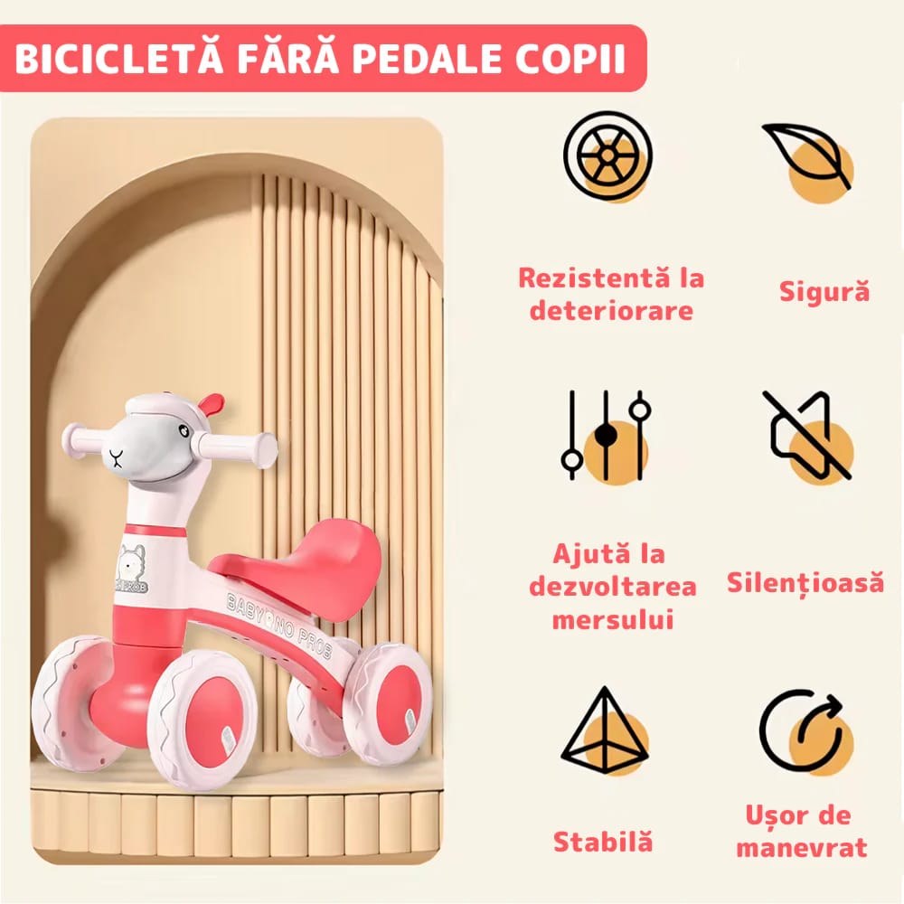 Bicicletă fără pedale pentru copii, 4 roți, lumini și muzică, roz, max 60 kg 2