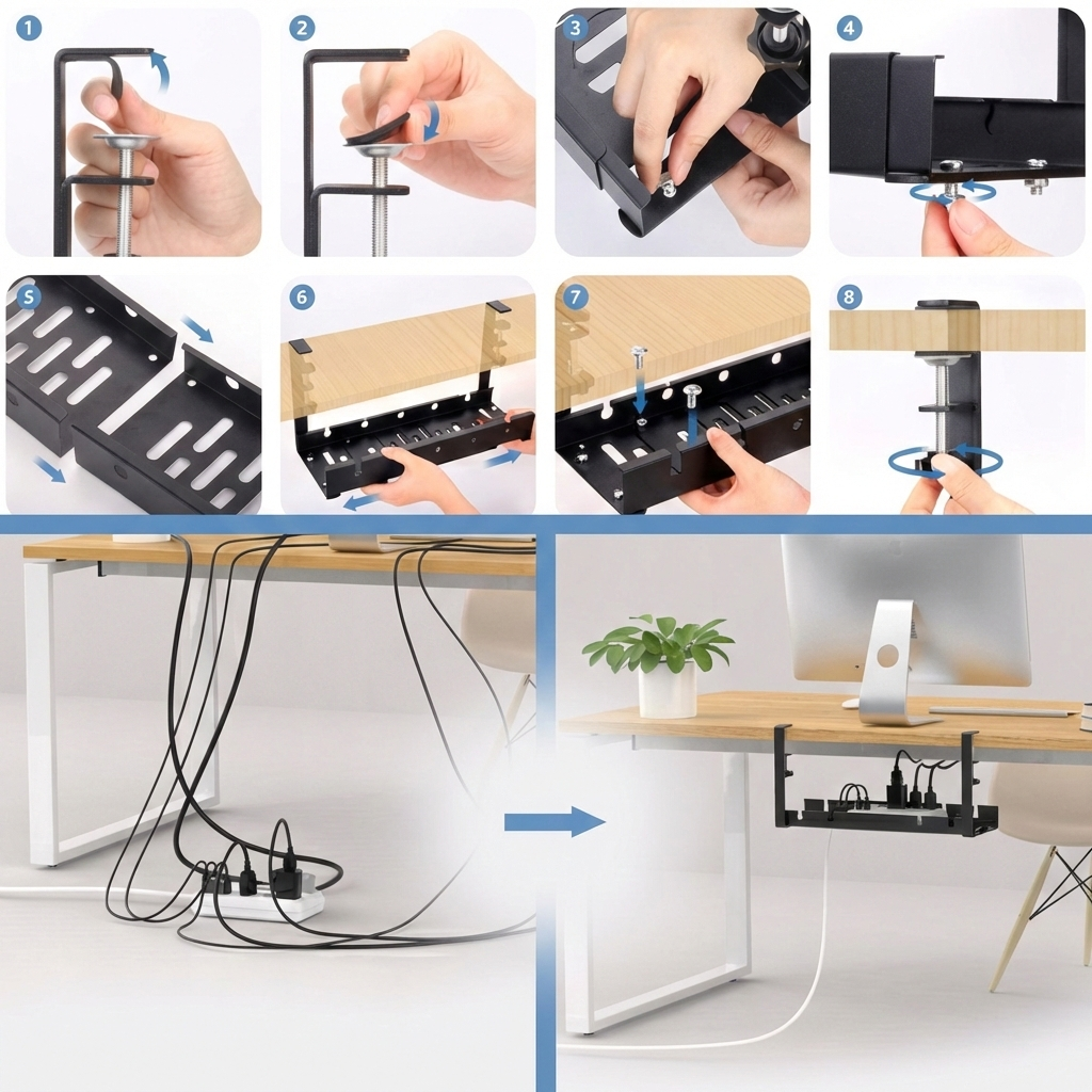 Organizator de cabluri sub birou, tava metalica cu clema, fara gaurire, extensibil 29–54,5 cm, negru