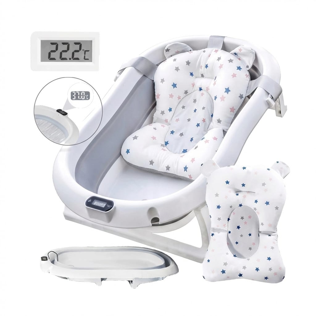 Cadita Pliabila Bebe Premium, cu Termometru si Suport Anatomic, 80cm, Standard EN71, Gri 1