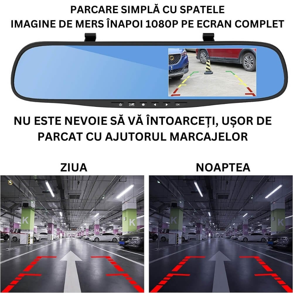 Cameră auto DVR oglindă retrovizoare, filmare față–spate Full HD, G-senzor, negru