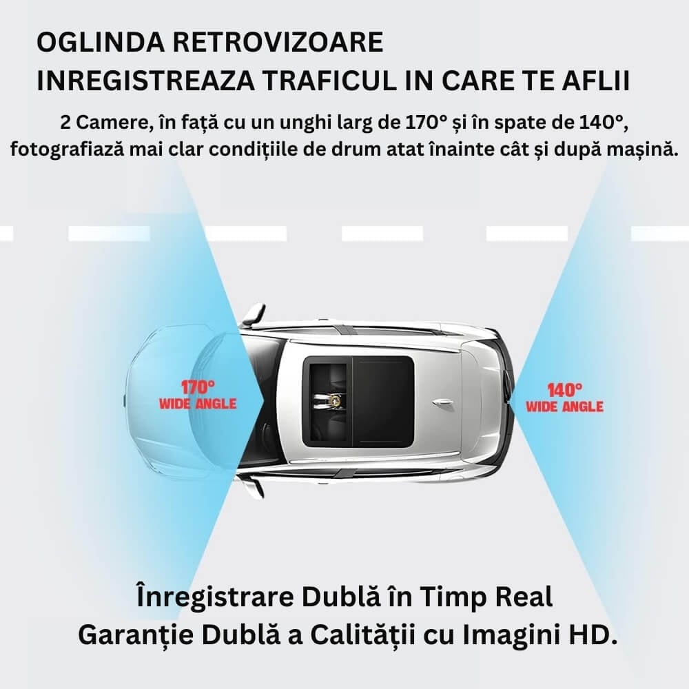 Cameră auto DVR oglindă retrovizoare, filmare față–spate Full HD, G-senzor, negru