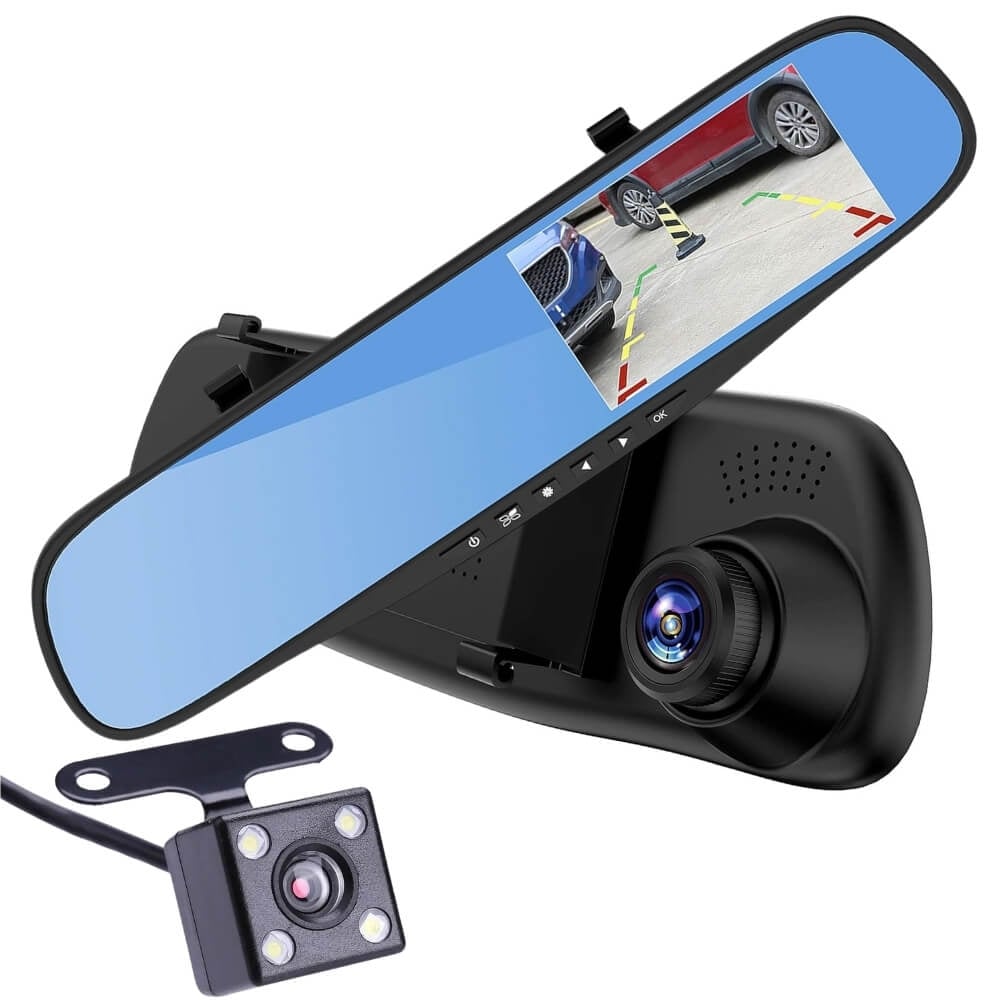 Cameră auto DVR oglindă retrovizoare, filmare față–spate Full HD, G-senzor, negru