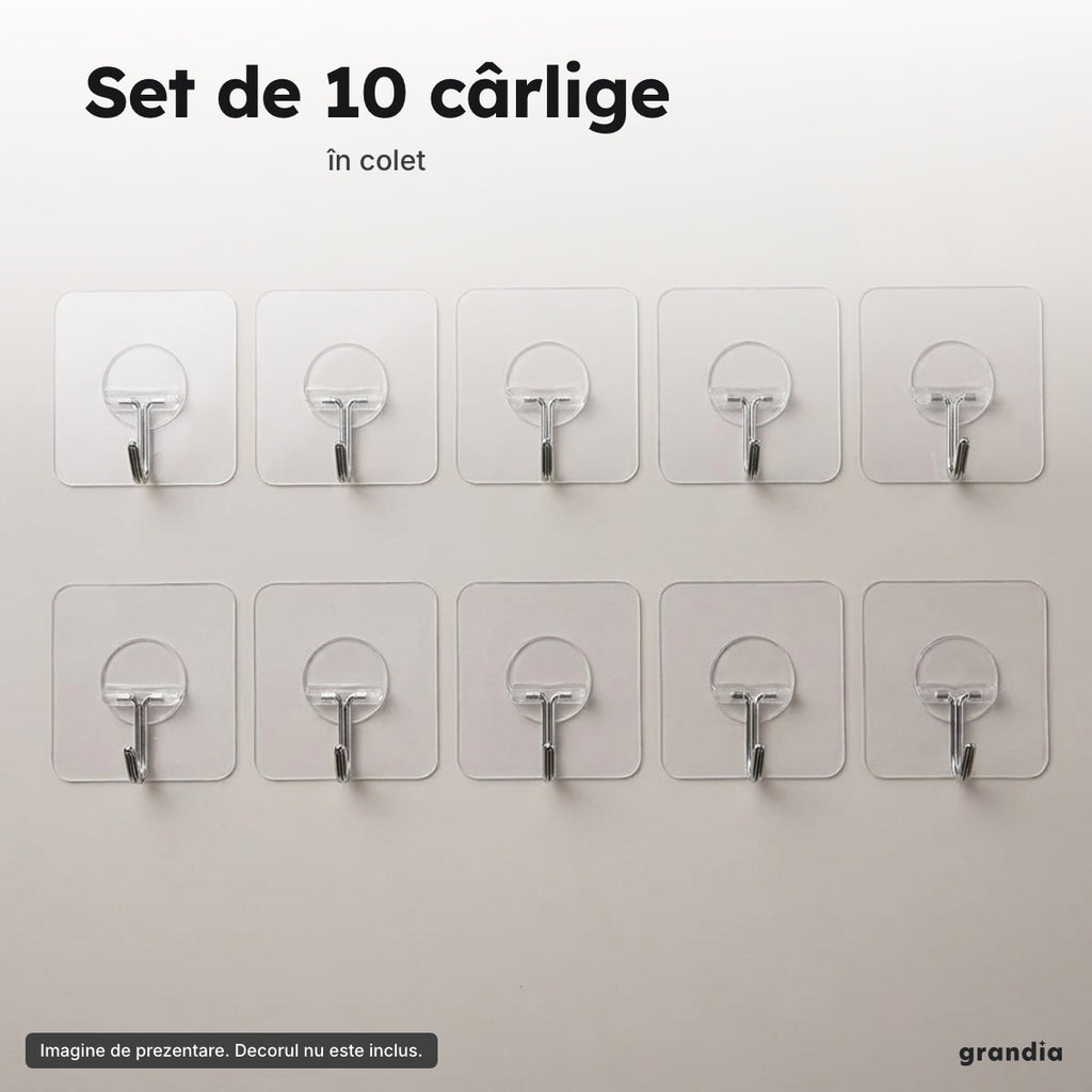 Set 10 cârlige autoadezive transparente – Set de 10 cârlige