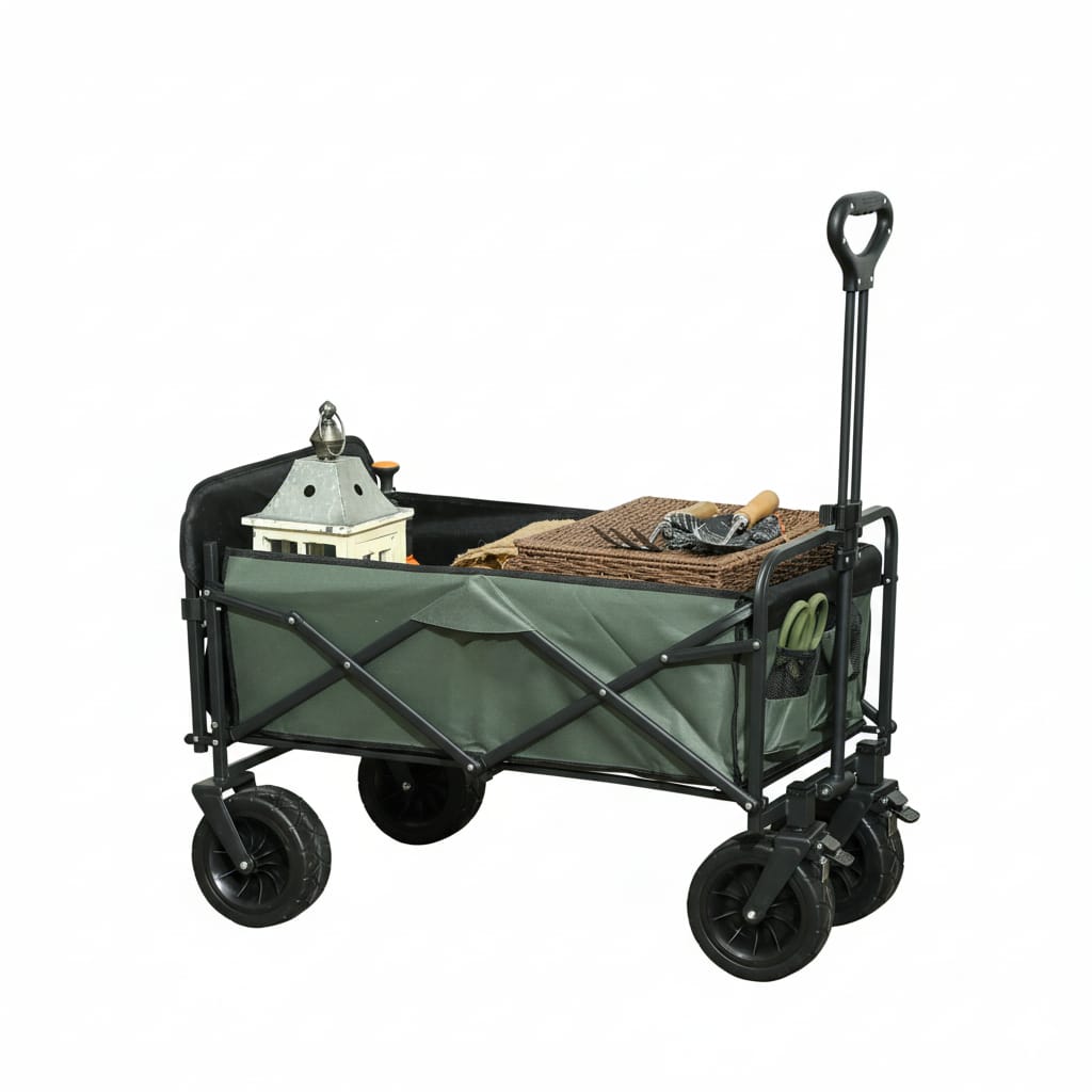 Carucior pliabil de gradina cu deschidere posterioara, roti mari si buzunare de depozitare, 125x48x78-102 cm, verde