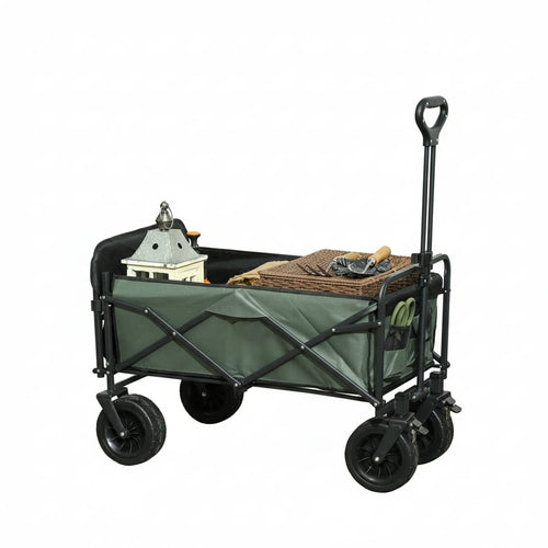 Carucior pliabil de gradina cu deschidere posterioara, roti mari si buzunare de depozitare, 125x48x78-102 cm, verde 1